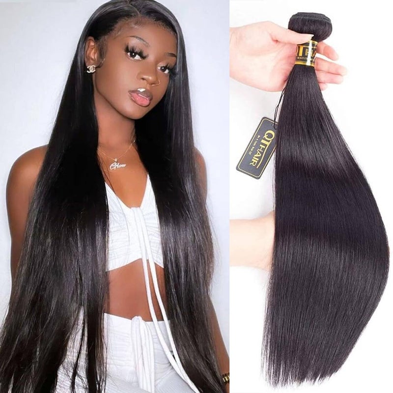 QTHAIR 18A Virgin Hair Straight Human Hair Extensions (16",100g,Natural Black)100% Unprocessed Indian Straight Human Hair Wave Bundles - Image 1